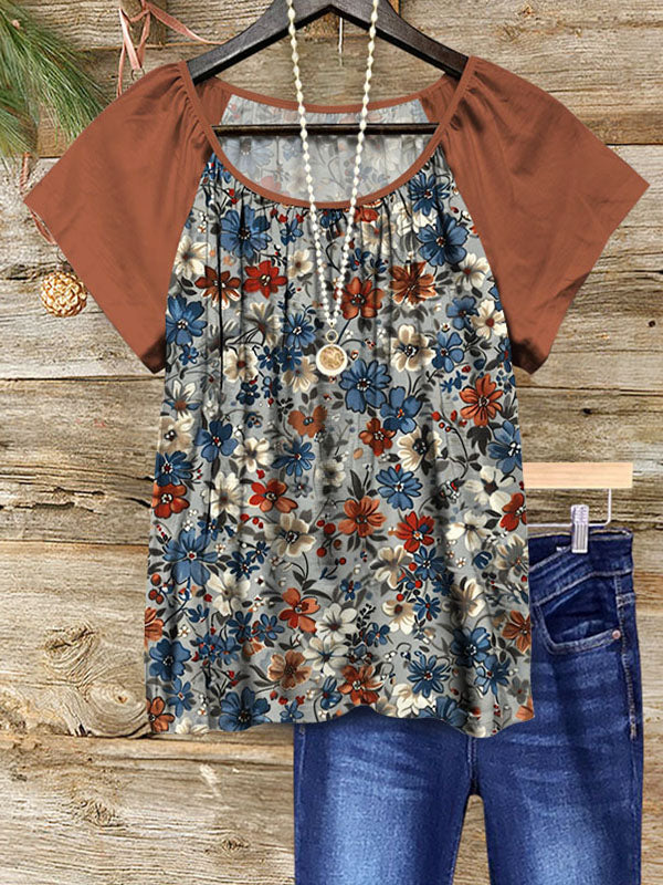 Romantic Floral Print Ruched Patchwork Top