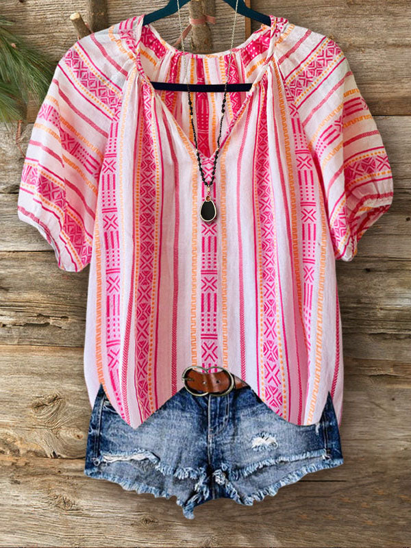 Ethnic Stripe Cotton Casual Blouse