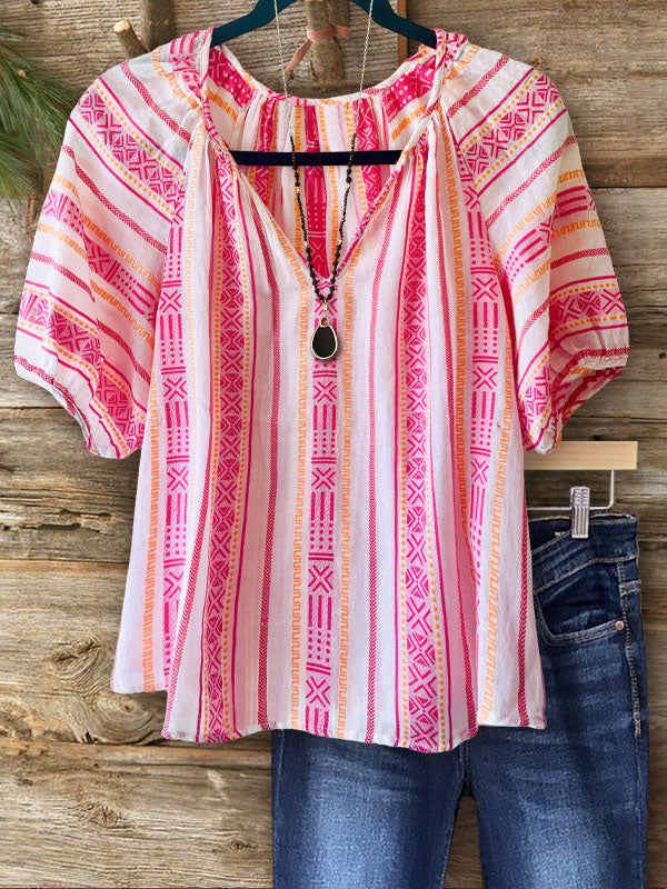 Ethnic Stripe Cotton Casual Blouse