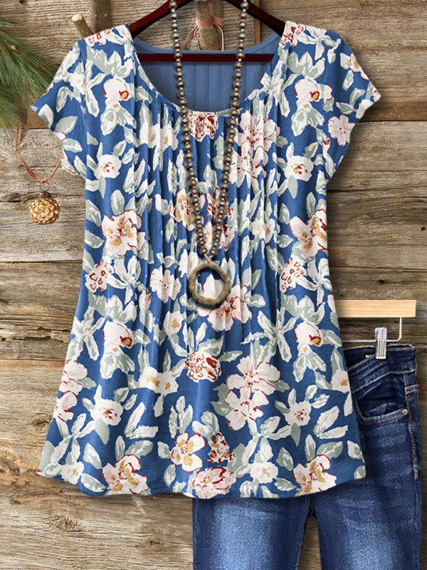 Casual Floral Print Ruched Detail Top