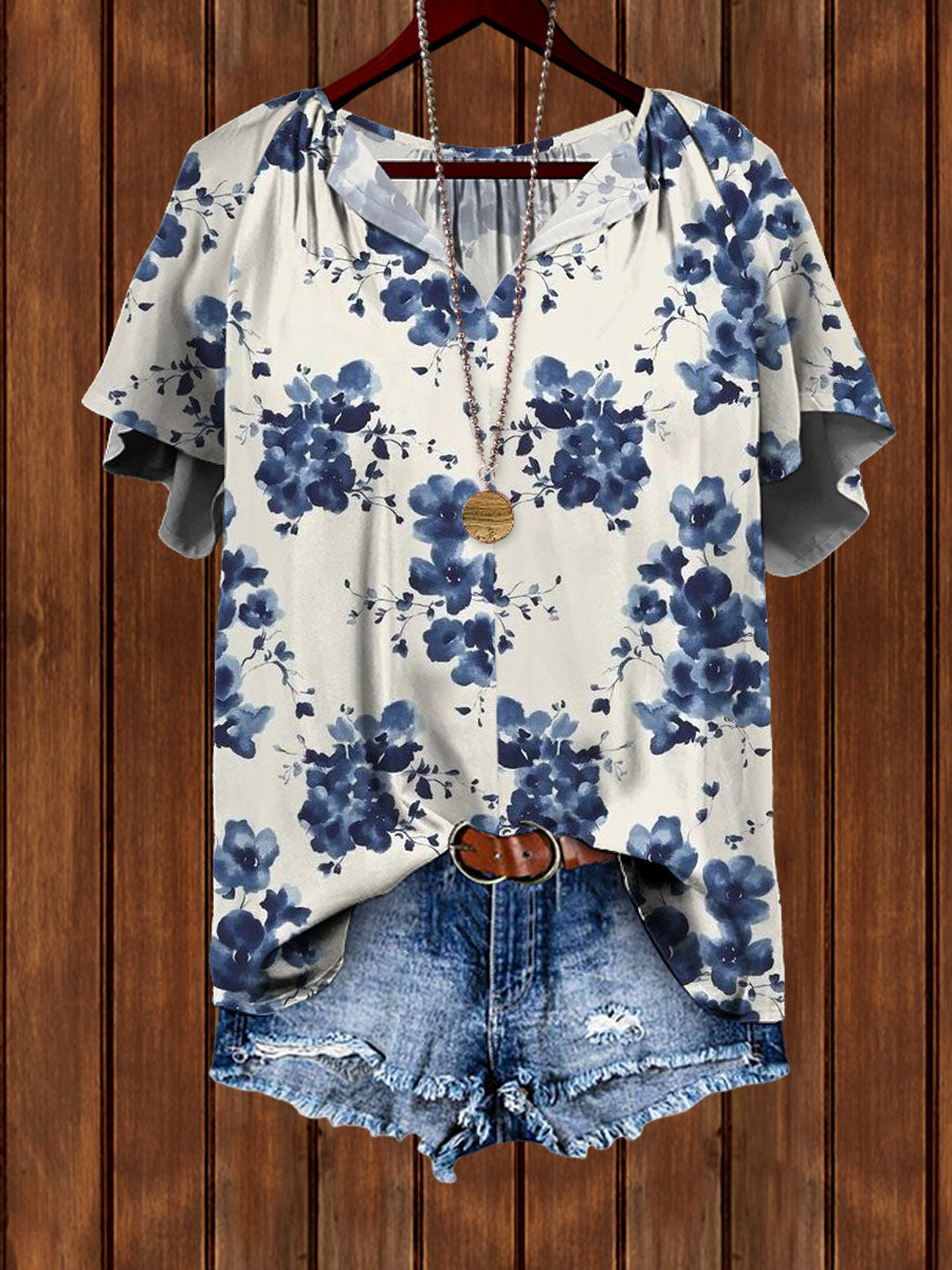 Casual Blue Floral Notched V Neck Top