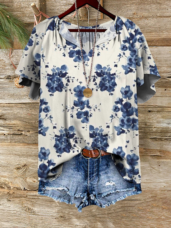 Casual Blue Floral Notched V Neck Top