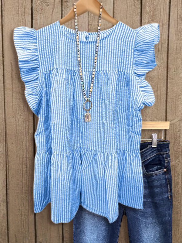 Striped Layered Pleated Ruffle Top In Blue