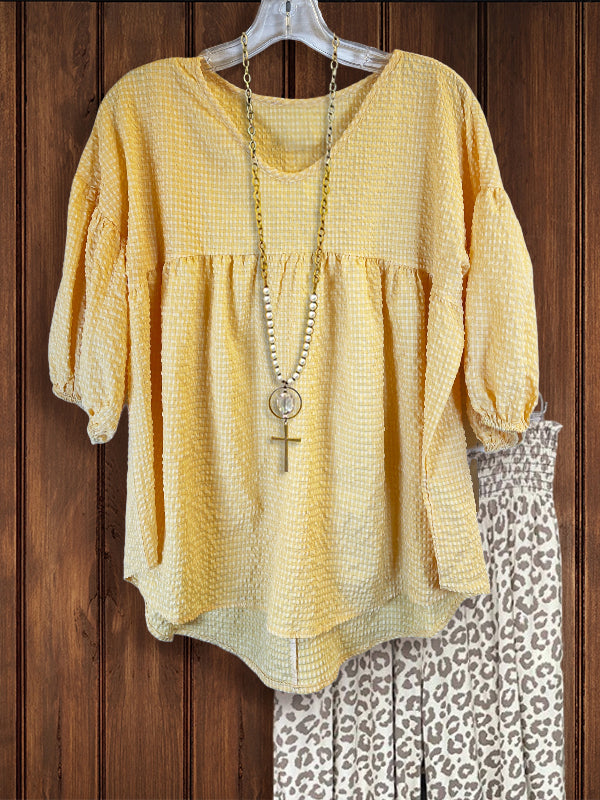 Check Texture Puff Sleeve Top