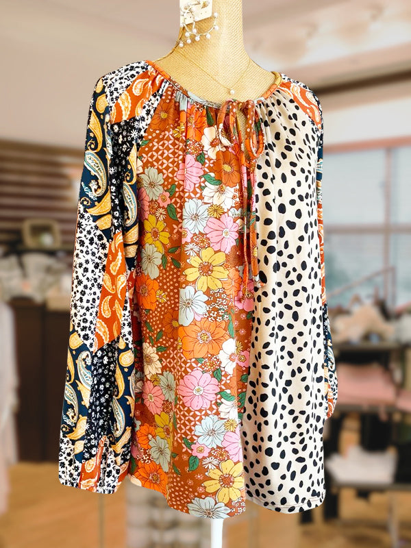 Floral Spot Mix Print Patchwork Top