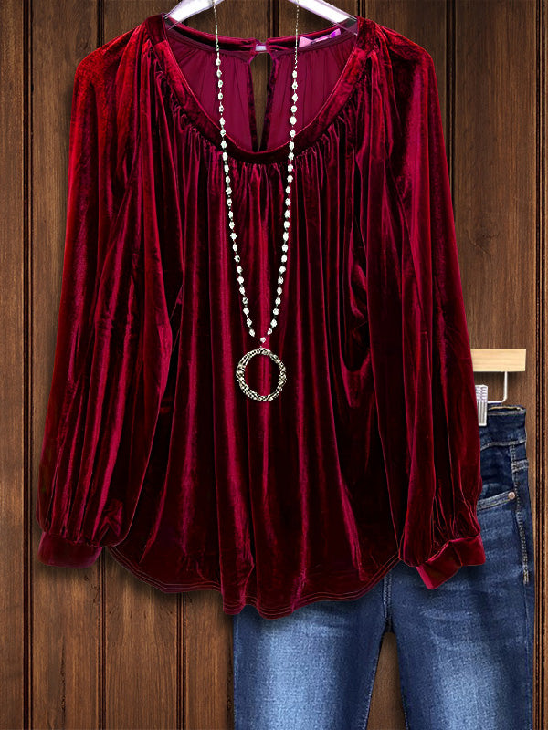 Vintage Velvet Pleated Top In Red