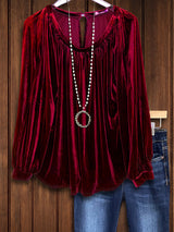 Vintage Velvet Pleated Top In Red