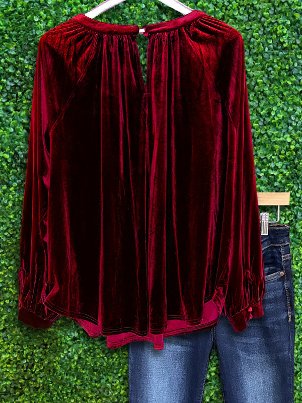 Vintage Velvet Pleated Top In Red