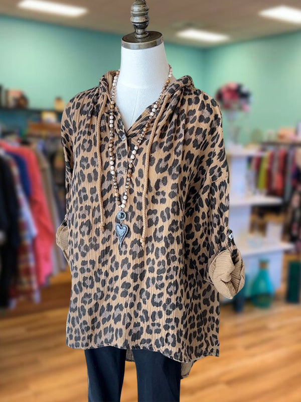 Leopard Print Button Hoodie