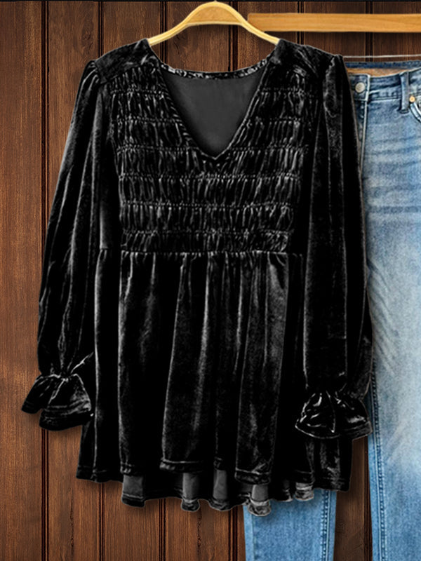 Elegant Velvet Ruching Top In Black