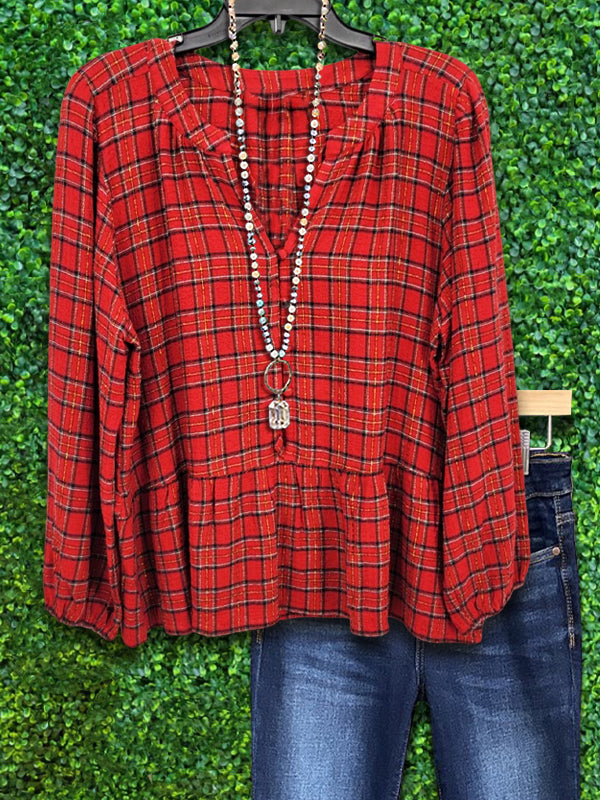 Red Plaid Button Down Top