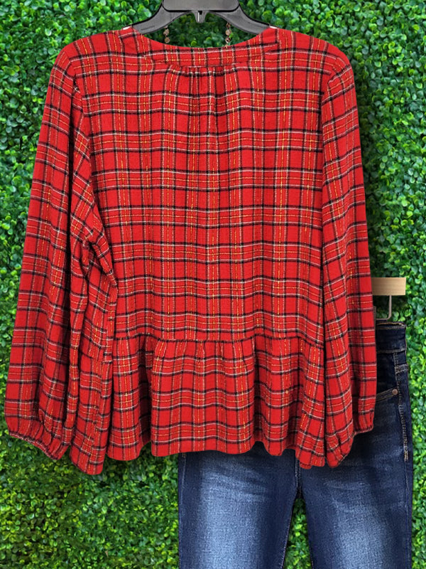 Red Plaid Button Down Top