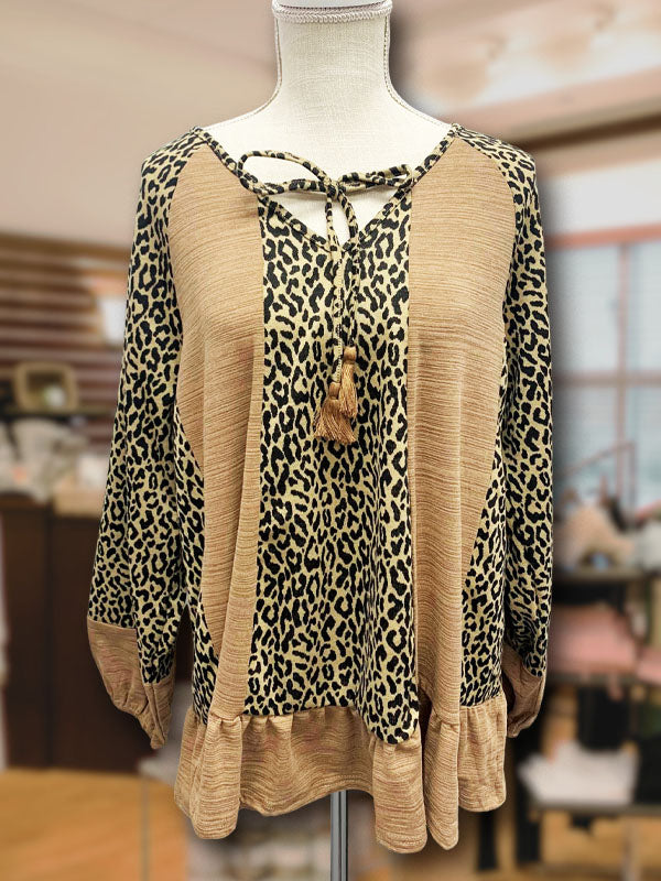 Leopard Ruffled Hem Knotted Top