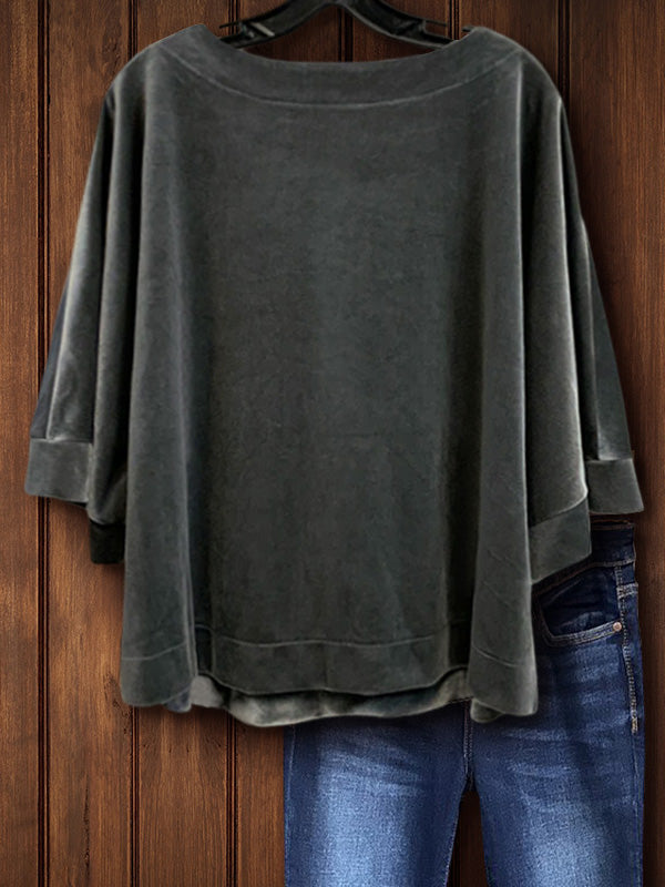 Velvet Mid Sleeve Top In Gray