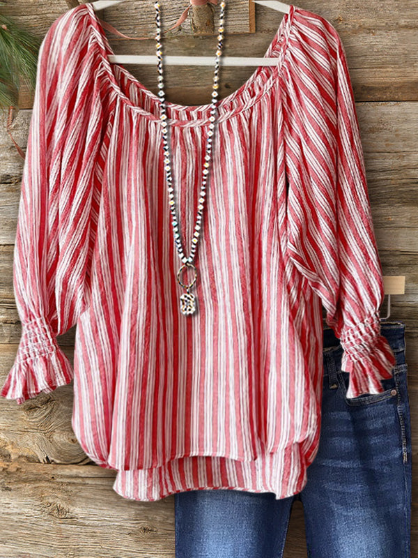 Red Striped Puff Top