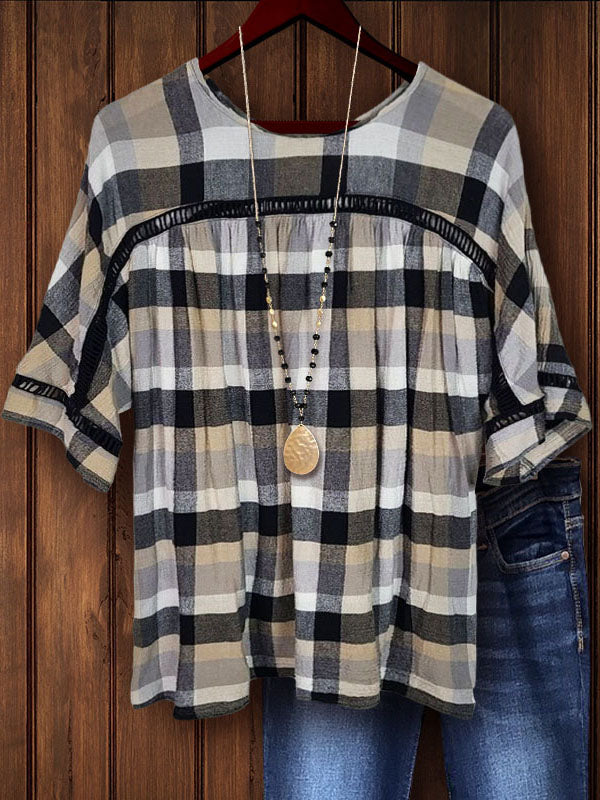 Plaid Patchwork Mid-Sleeve Top