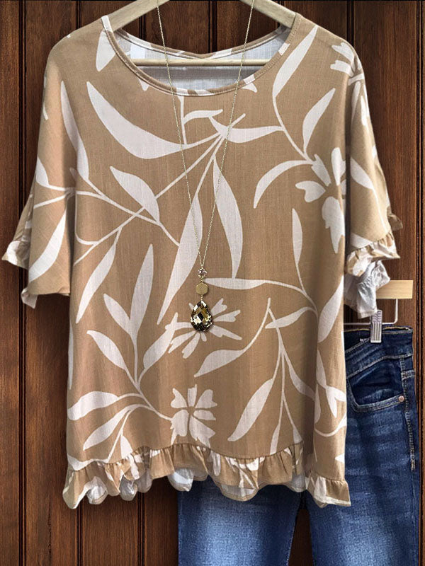 Cozy Leaf Print Ruffle Top