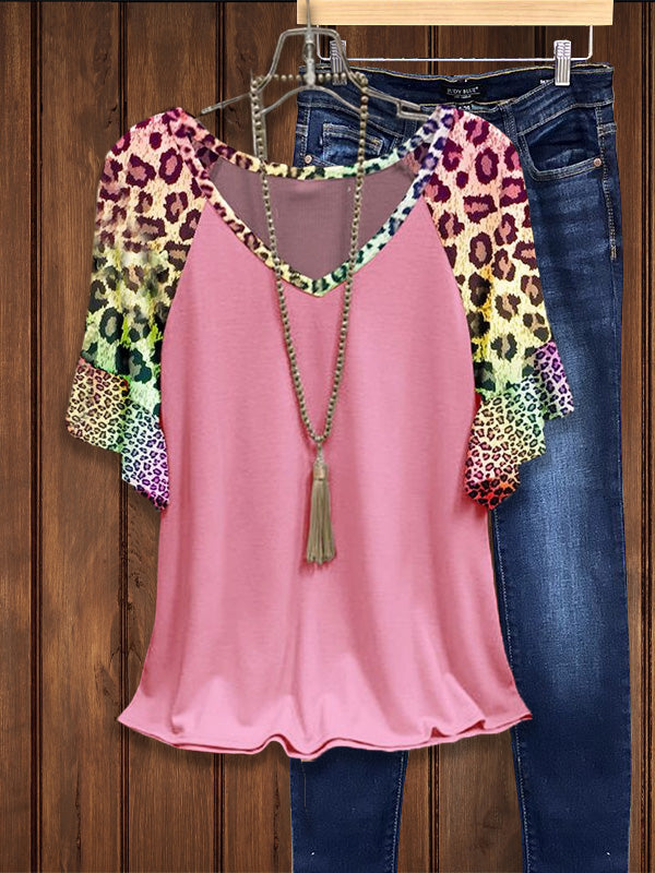 V-Neck Pink Leopard Print Ruffle Short Sleeve Tee