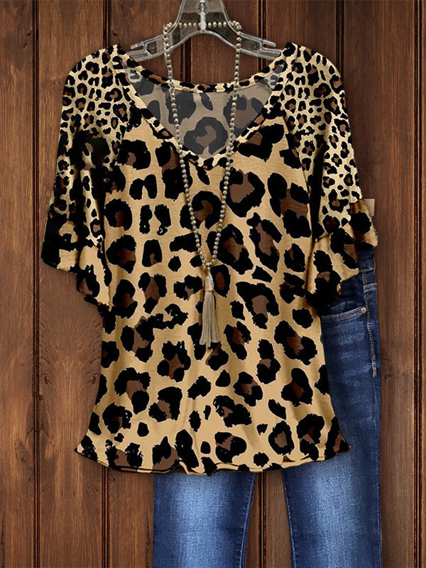 V Neck Leopard Print Ruffled Short Sleeve Tee