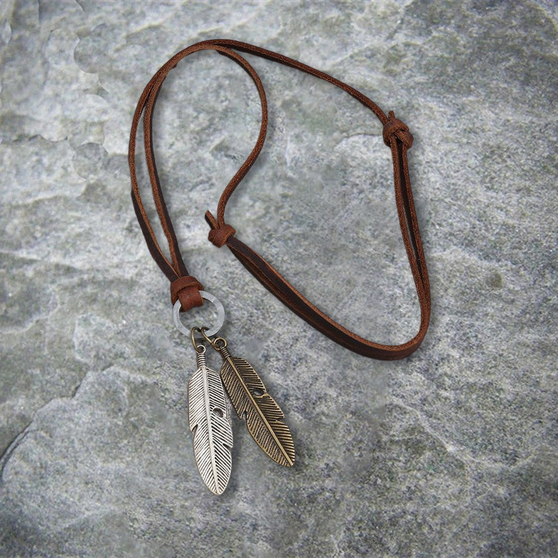 Vintage Alloy Feather Leather Necklace