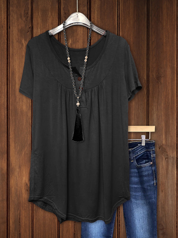 Gathered Button Loose Short Sleeve Tee