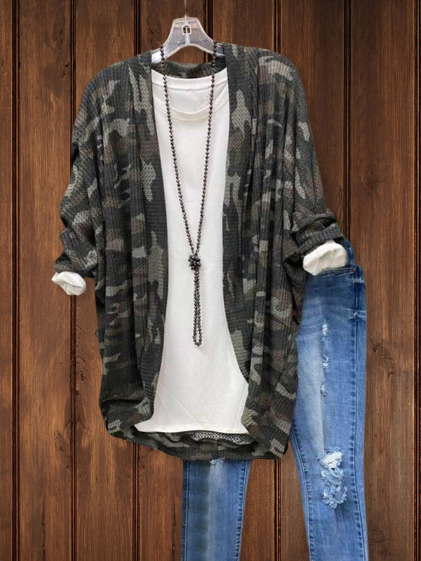 Camo Print Open Front Cardigan