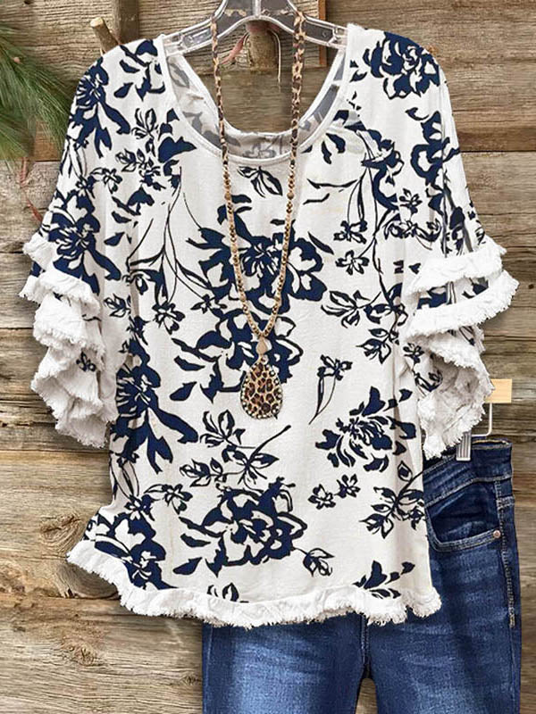 Floral Print Ruffles Fringed Blouse