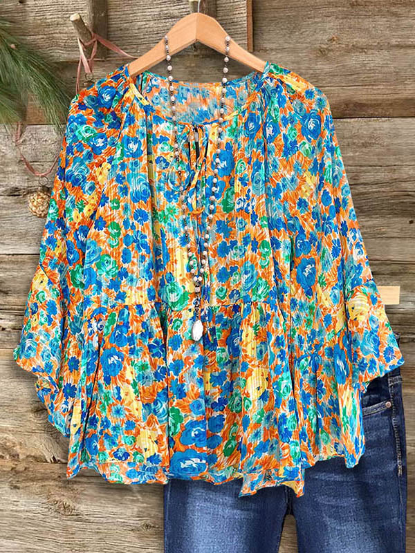 Floral Abstract Print Bell Sleeve Blouse