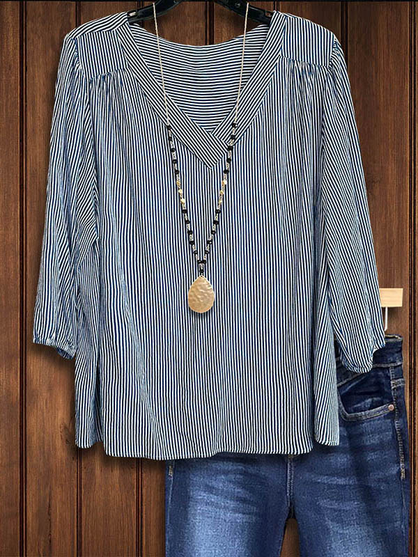 V-Neck Striped Patchwork Loose Top