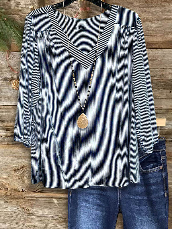 V-Neck Striped Patchwork Loose Top