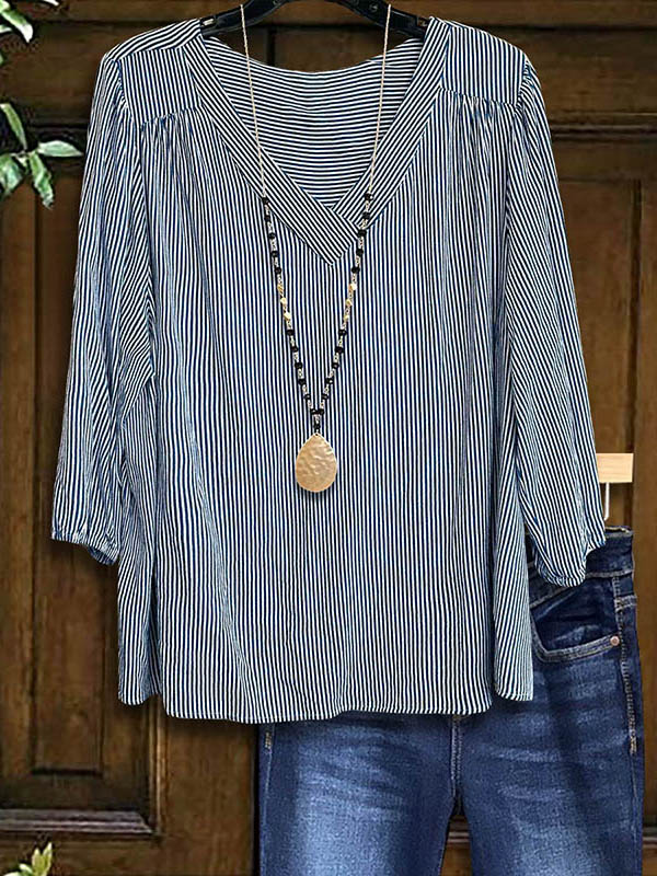 V-Neck Striped Patchwork Loose Top