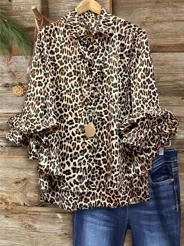 Stylish Leopard Layered Ruffle Sleeve Shirt