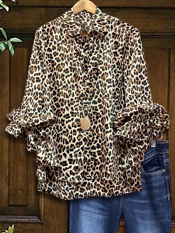 Stylish Leopard Layered Ruffle Sleeve Shirt