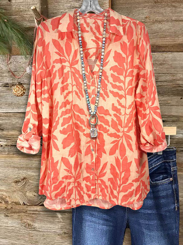 Leaves Printed Button Loose Shirt