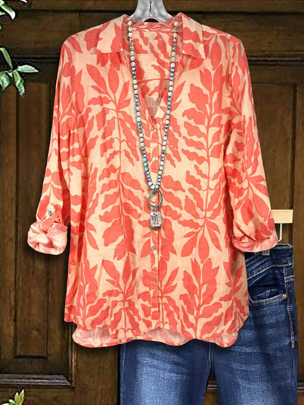 Leaves Printed Button Loose Shirt