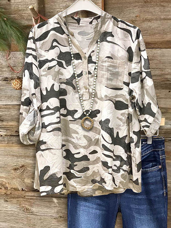 Camouflage Button Down Pocket Patchwork Blouse