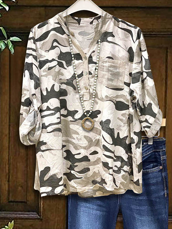 Camouflage Button Down Pocket Patchwork Blouse