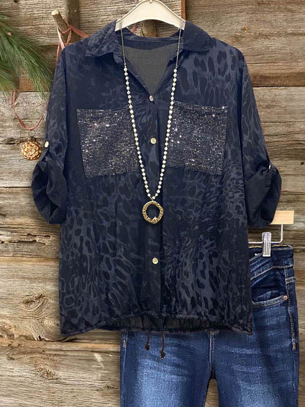 Leopard Print Sequin Pocket Patchwork Shirt