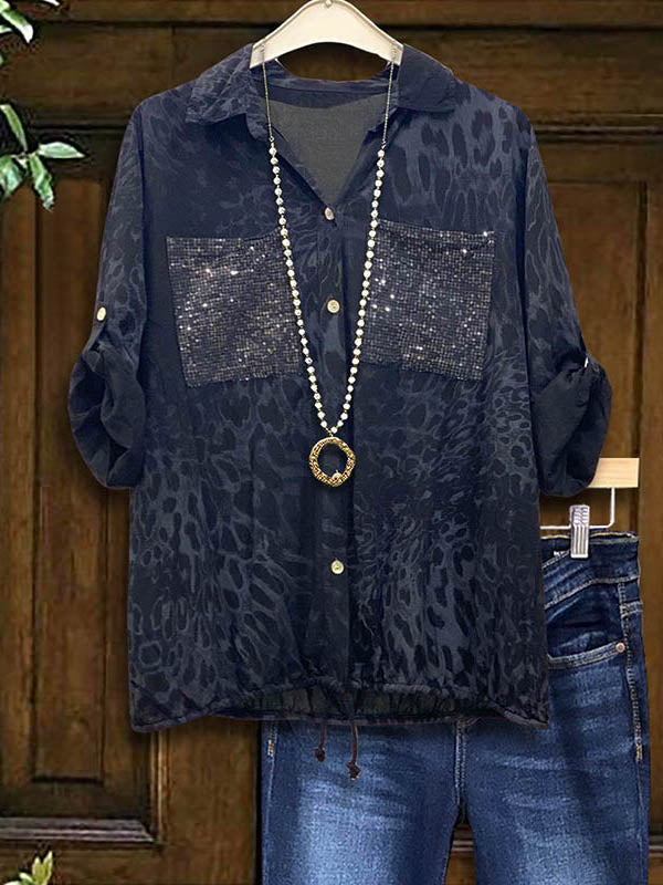 Leopard Print Sequin Pocket Patchwork Shirt