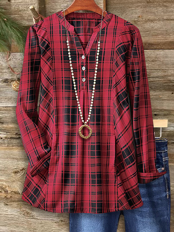 Classic Red Plaid Casual Blouse